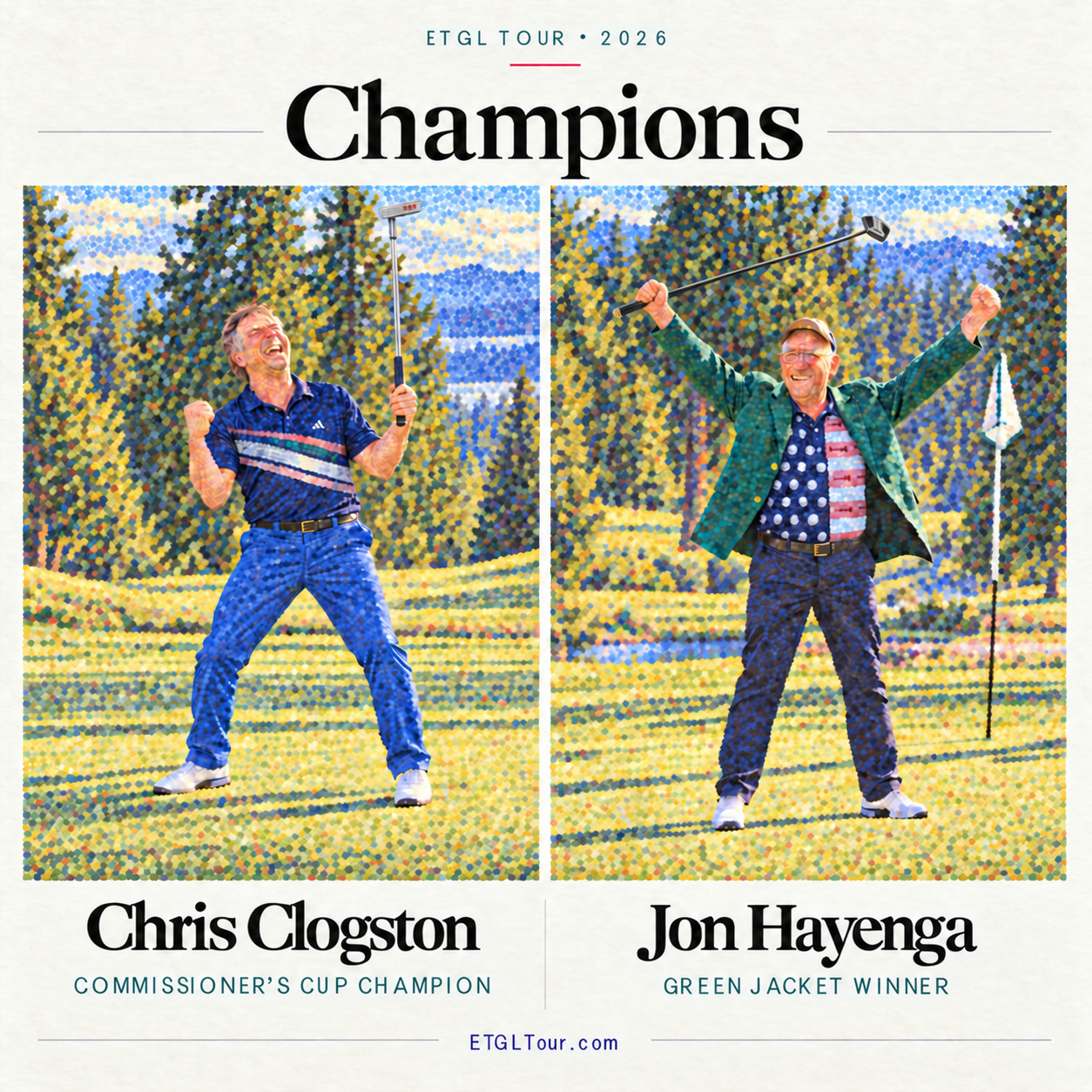 Pointillist illustration of Chris Clogston, left, and Jon Hayenga celebrating their 2026 ETGL titles with raised putters